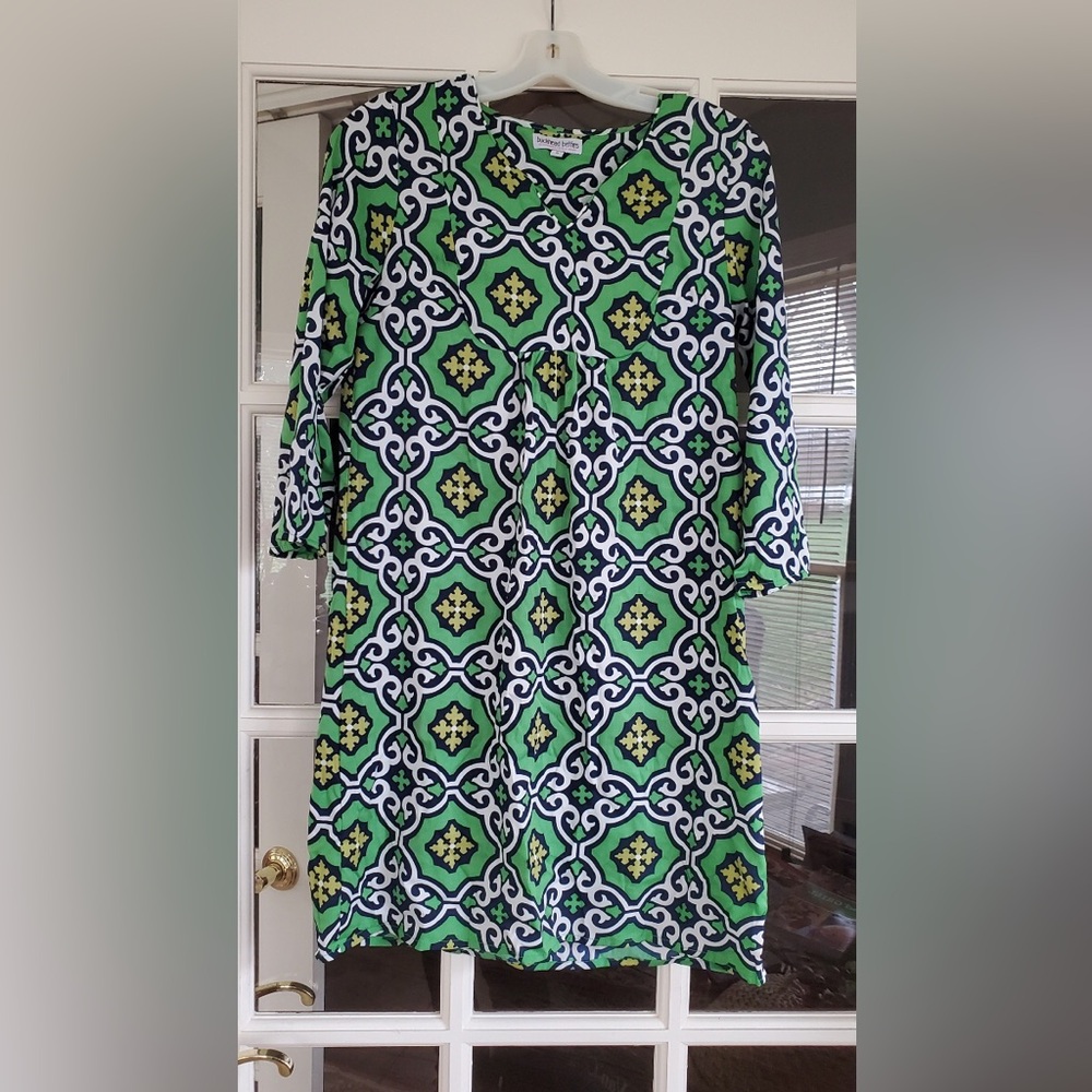 Buckhead Betties Green Geometric Print 3/4 sleeve Shift Dress Sz.S